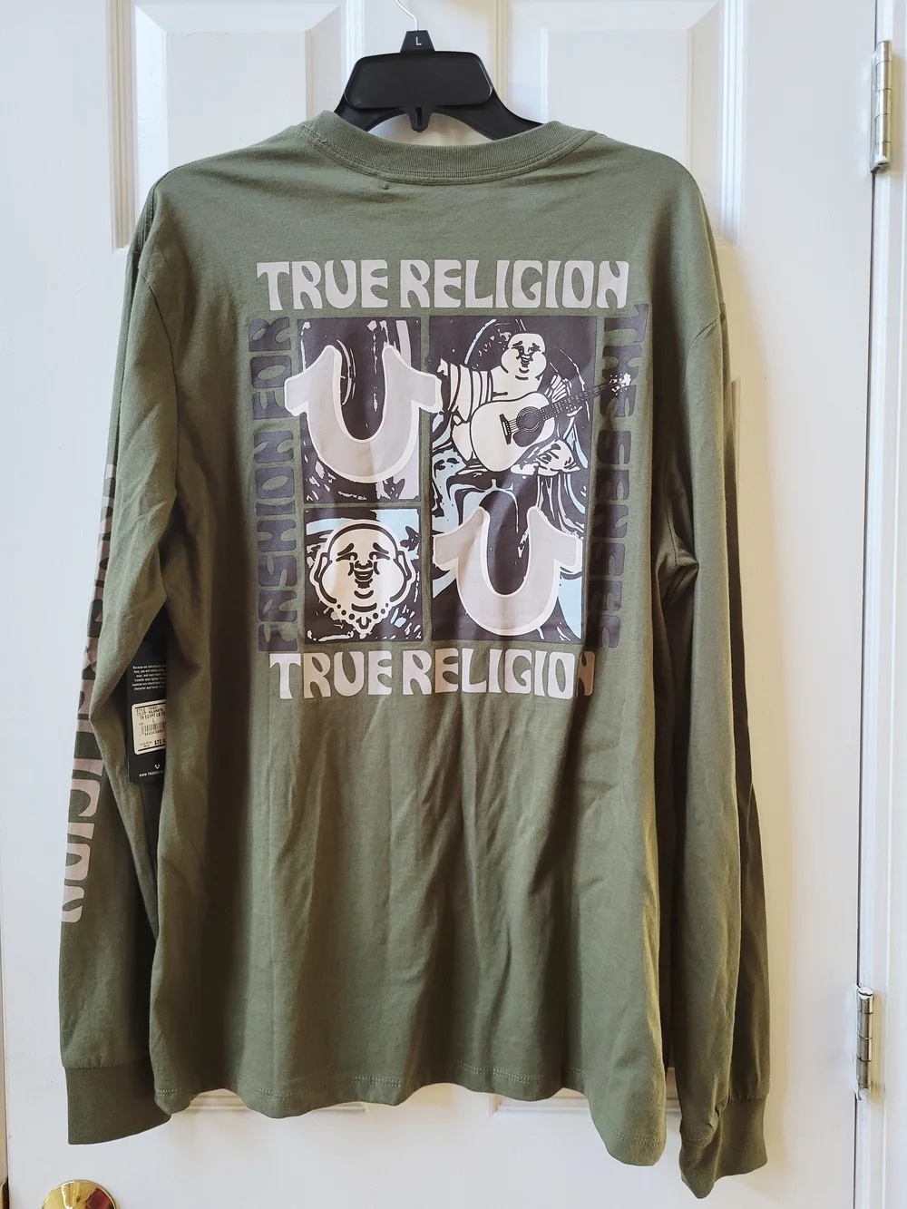 True Religion Long Sleeve Shirt Mens Large Olive Green New Buddha Graphic Cotton